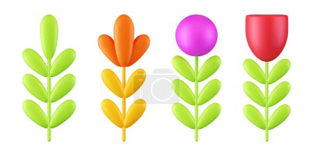 Photo for 3d render collection of plants and clouds, set of vector flowers on isolated white background, design element, nature icons. - Royalty Free Image