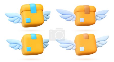 Photo for 3D icon of a parcel with wings. Yellow box with parcel isolated object on white background. Online delivery service worldwide. Fast logistics delivery concept. - Royalty Free Image