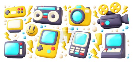 Illustration for 3D set of gadgets icons in cartoon style. Old, vintage electrical item on a white isolated background. 90s technology vector illustration. - Royalty Free Image