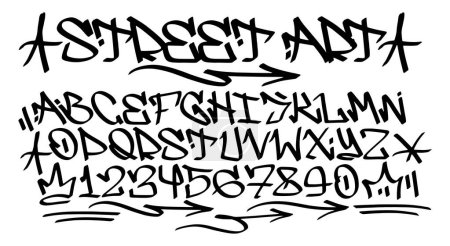 Photo for Vector font in graffiti style. Wall art and vandalism, a symbol of self-expression and street art. Element of hip-hop culture on the walls of the city. Black letters on a white background in 90s style - Royalty Free Image