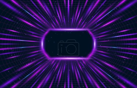 Photo for 3D vector illustration of flight in space. Neon grid in the galaxy against the background of stars. Cyberpunk retro style 80s and 90s VR games in a tunnel. An endless portal in space. - Royalty Free Image