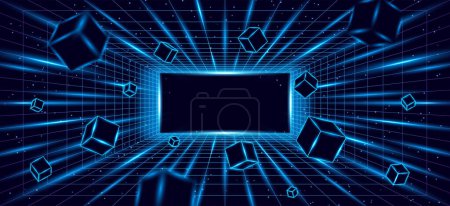 Illustration for 3D vector illustration of flight in space. Neon grid in the galaxy against the background of stars. Cyberpunk retro style 80s and 90s VR games in a tunnel. An endless portal in space. - Royalty Free Image
