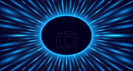 Photo for 3D vector illustration of flight in space. Neon grid in the galaxy against the background of stars. Cyberpunk retro style 80s and 90s VR games in a tunnel. An endless portal in space. - Royalty Free Image