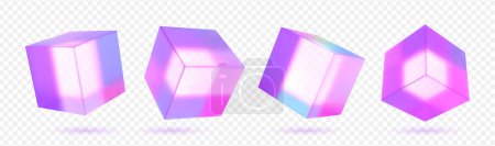 Téléchargez les illustrations : Cube en verre 3d abstrait. Figure géométrique en couleur holographique sur fond blanc. Objet de forme rose et élément de design. - en licence libre de droit