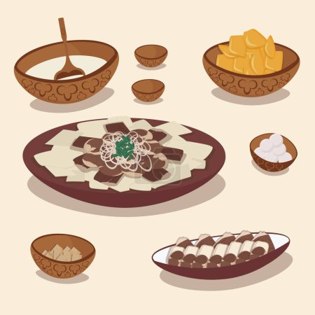 Ilustración de Conjunto vectorial de cocina nacional kazakh, platos. Beshbarmak, baursak y qurt, kumis y irimshik - Imagen libre de derechos