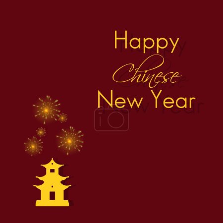 Illustration for Happy Chinese New Year, fireworks and gold house on red color background. Asian elements on the red background - Royalty Free Image