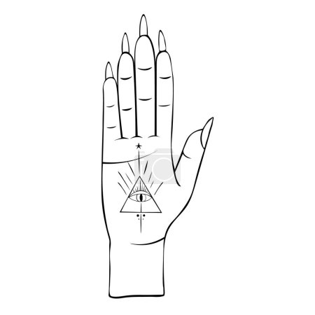 Foto de Hand-drawn vector illustration of a hand with an esoteric symbol of the eye on the palm of the hand. - Imagen libre de derechos