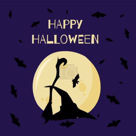 Illustration for The vector illustration of Happy Halloween can be used as a banner or a greeting card. Witch hat and broom, bats, on a violet background - Royalty Free Image