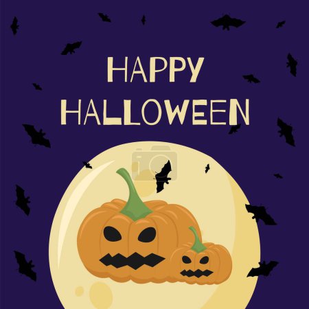 Illustration for The vector illustration of Happy Halloween can be used as a banner or a greeting card. Pumpkin, bats, and a moon on a violet background - Royalty Free Image