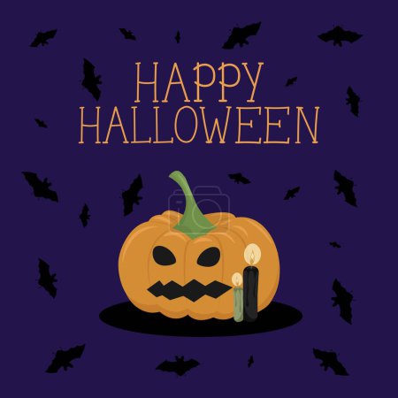 Illustration for The vector illustration of Happy Halloween can be used as a banner or a greeting card. Pumpkin, bats, and a candles on a violet background - Royalty Free Image