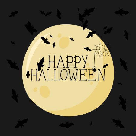 Illustration for The vector illustration of Happy Halloween can be used as a banner or a greeting card. The moon and bats against a dark background - Royalty Free Image