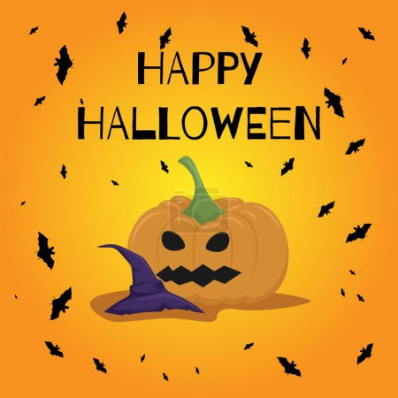 Illustration for The vector illustration of Happy Halloween can be used as a banner or a greeting card. Pumpkin, bats, and a witchs hat on an orange background - Royalty Free Image