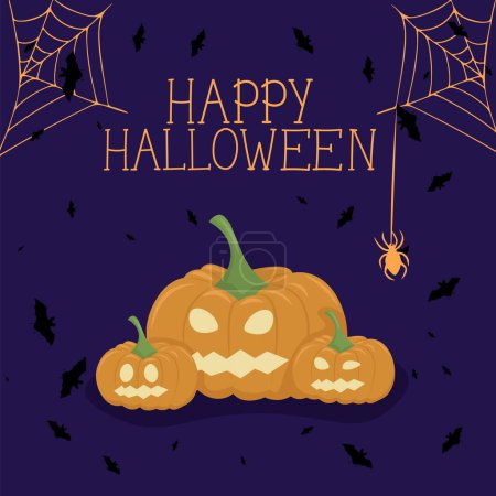 Illustration for The vector illustration of Happy Halloween can be used as a banner or a greeting card. Pumpkin, bats, and a spider web on a violet background - Royalty Free Image