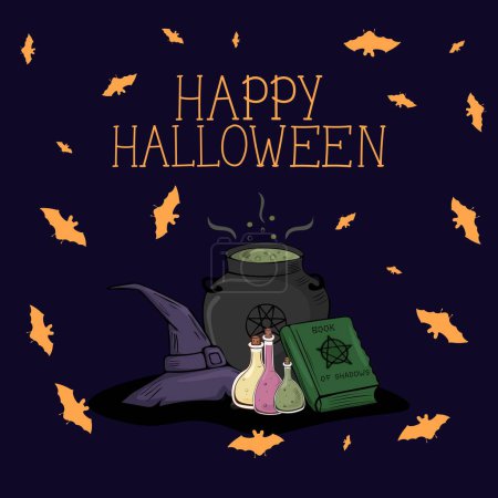 Illustration for Vector Halloween illustration for a poster or greeting card. A witch hat, a witch cauldron, a spellbook and flasks of potions and bats on a fillet background. - Royalty Free Image