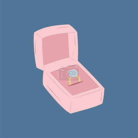 Foto de Anillo de oro de boda con piedra azul en caja rosa sobre fondo azul - Imagen libre de derechos