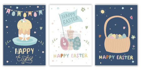 Foto de Feliz Pascua postales. Un conjunto de ilustraciones vectoriales de Pascua. Huevos de Pascua, pasteles y velas. Perfecto para un póster, portada o postal - Imagen libre de derechos