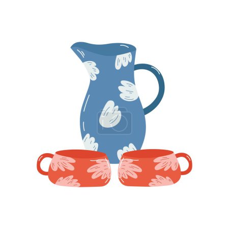 Vintage hand drawn Jug with mugs Isolated on a white background. Kitchen Utensils. Clipart Vector Illustration