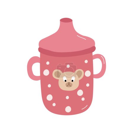 Babyschale Flasche isoliert auf weißem Hintergrund. Baby sippy Reservoir rosa mit Punkten und Bärenkopf, Trinkschale mit Milch oder Saft mit zwei Henkeln Vektor Illustration.