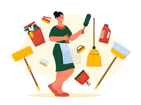 Illustration for Housewife with equipment. Woman with mop, brushes, scoop and detergents. Household chores and routine. Cleanliness and hygiene. Cartoon flat vector illustration isolated on white background - Royalty Free Image