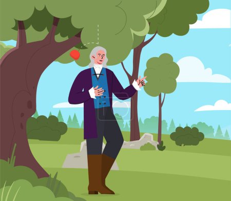 Illustration for Newton with apple. Man in traditional vintage and medieval clothes under tree. Famous scientist and physicist. Study and researching of physics laws outdoors. Cartoon flat vector illustration - Royalty Free Image