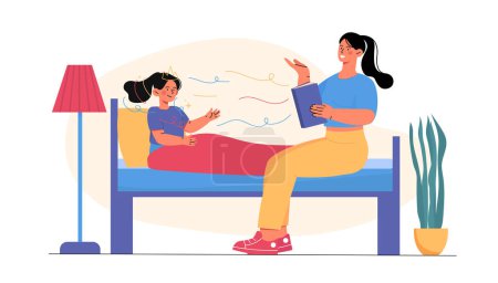 Illustration for Mother read fairy tales. Woman sitting with fiction at bed with daughter. Education and learning for preschooler. Fantasy and imagination. Cartoon flat vector illustration isolated on white background - Royalty Free Image