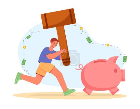 Ilustración de Man smash piggy bank. Guy with banknotes and golden coins. Financial literacy, budgeting and accounting. Investing and trading. Cartoon flat vector illustration isolated on white background - Imagen libre de derechos