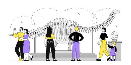 Illustration for People in museum simple. Visitors with cultural rest and leisure. Men and women look at skeleton of dinosaur. Prehistoric exhibition. Doodle flat vector illustration isolated on white background - Royalty Free Image