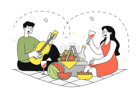 Illustration for Couple at picnic simple. Man with guitar and woman with glass of wine. Family and pair with vegetables and fruits. Romantic date. Doodle flat vector illustration isolated on white background - Royalty Free Image
