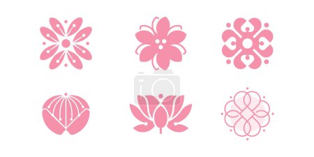 Téléchargez les illustrations : Flower icon set.Japanese style logo design template. Cherry blossom Pink flowers on white background - en licence libre de droit