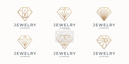 Téléchargez les illustrations : Set of Abstract jewelry gemstones isolated on white. Various forms of diamond cut minimalist line. - en licence libre de droit