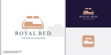 Cama doble con almohada y diseño de logotipo de edredón. Diseño de vectores de muebles de dormitorio. Logotipo del colchón
