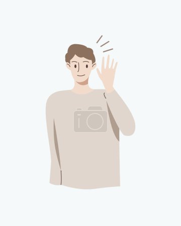 Téléchargez les illustrations : People smiles and holds his hand near his ear. The guy listening or hearing and accept all opinion.Comunication concept.Vector illustration. - en licence libre de droit