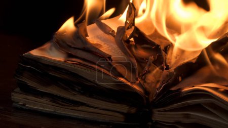 Photo for An open book is on fire. Big bright flame, burning paper on old publication in the dark. Book Burning - Censorship Concept - Royalty Free Image