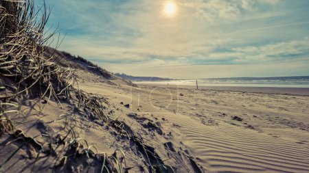 Foto de Los tonos cálidos del sol poniente arrojan un resplandor sereno sobre las dunas de la playa de Harlech en Gales, con las lejanas colinas creando una tranquila escena costera. Los patrones en la arena y la hierba marina en primer plano prestan una textura que habla a la calma - Imagen libre de derechos