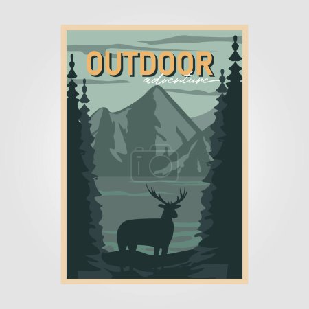 Ilustración de Cartel de aventura vintage con vista al parque nacional de montaña kintamani, vector de fondo de ciervo con pino - Imagen libre de derechos