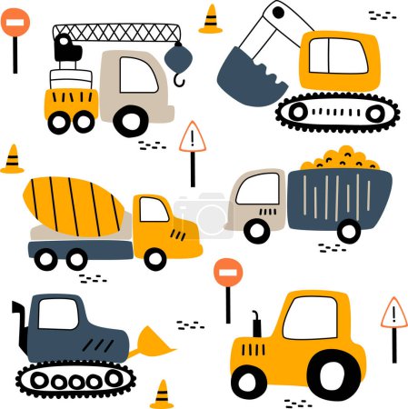 Téléchargez les illustrations : Illustration enfants avec machines de construction, voitures, pelle, camion, grue - en licence libre de droit