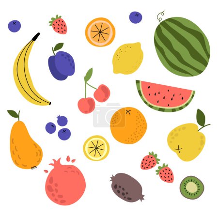 Téléchargez les illustrations : Illustration vectorielle des fruits. Vecteur pastèque, banane, pomme, poire, orange. Illustration vectorielle de fruits alimentaires pour enfants - en licence libre de droit
