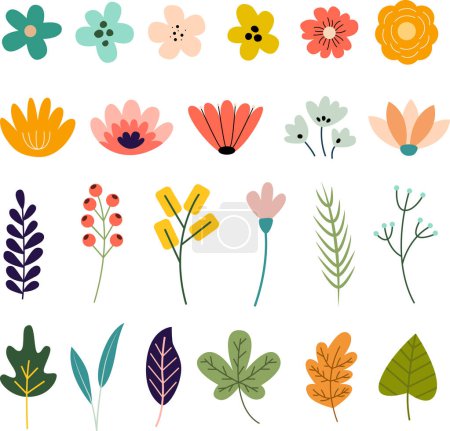 Ilustración de Flores, hojas y ramitas set vector ilustración - Imagen libre de derechos