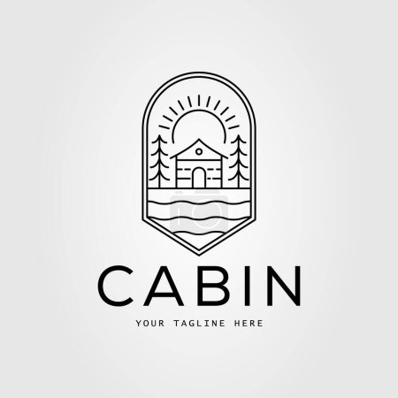 cabin, cottage on nature with sunburst logo vector illustration design