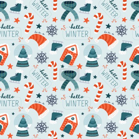 Illustration for Cute Christmas seamless pattern with vector hand drawn holiday illustrations of snow globe, winter village house, candy cane and lettering. For wrapping paper, bedclothes, notebook, packages - Royalty Free Image