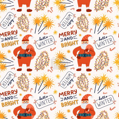 Illustration for Cute Christmas seamless pattern with vector hand drawn holiday illustrations of Santa Claus, sparkles, lettering, garland. Can be used for wrapping paper, bedclothes, notebook, packages, gift paper - Royalty Free Image