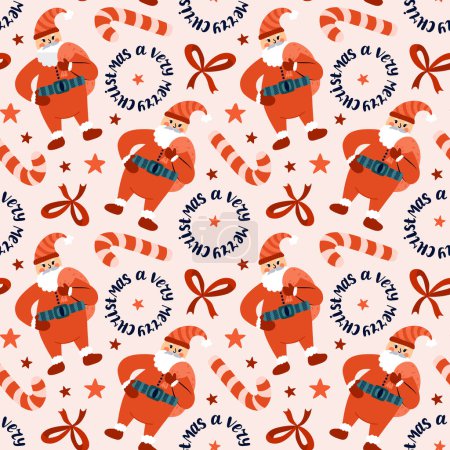 Illustration for Cute Christmas seamless pattern with vector hand drawn holiday illustrations of funny Santa claus, candy cane, bow, lettering, stars. Can be used for wrapping paper, bedclothes, notebook, packages. - Royalty Free Image