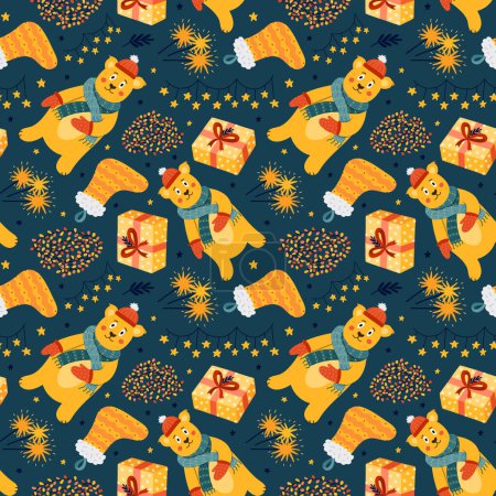 Illustration for Cute Christmas seamless pattern with vector hand drawn illustrations of cute bear in winter clothes, garland, gift, sparkles, stocking. Can be used for wrapping paper, bedclothes, notebook, packages. - Royalty Free Image