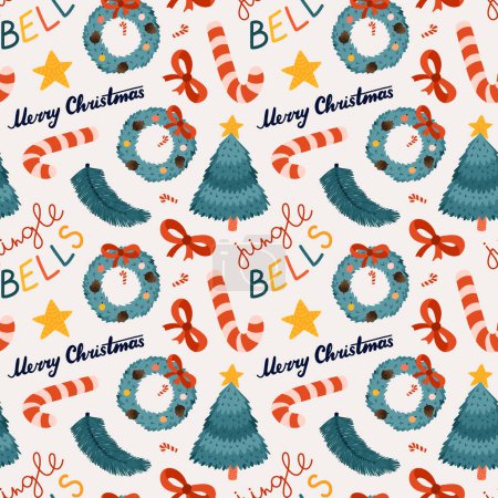 Illustration for Cute Christmas seamless pattern with vector hand drawn illustrations of Christmas tree, candy cane, spruce wreath, fir brunch, lettering. For wrapping paper, bedclothes, notebook, packages - Royalty Free Image