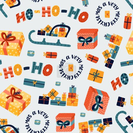 Illustration for Cute Christmas seamless pattern with vector hand drawn holiday illustrations of different wrapped gift boxes, present, winter lettering. Can be used for wrapping paper, bedclothes, notebook, packages. - Royalty Free Image