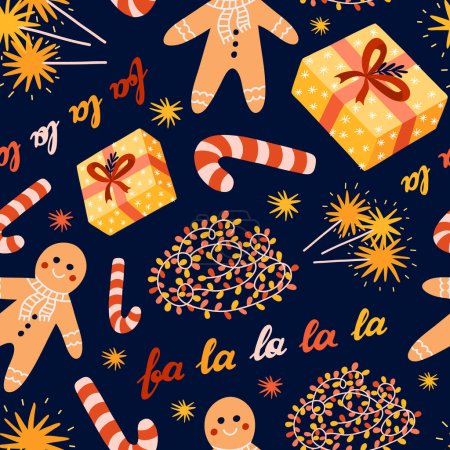 Illustration for Cute Christmas seamless pattern with vector hand drawn holiday illustrations of wrapped gift box, lights, sparkles, gingerbread man. Can be used for wrapping paper, bedclothes, notebook, packages. - Royalty Free Image