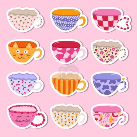Illustration for Big set of stickers with trendy ceramic mugs in the style of 90s. Hand drawn vector doodle illustrations. Different tea cup, coffee mug for scandinavian kitchen, cartoon cup porcelain tableware. - Royalty Free Image