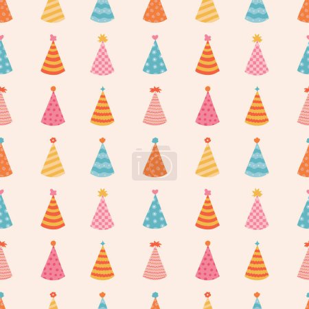 Illustration for Cute seamless pattern with birthday party hats in groovy style. Childish design with holiday caps for wrapping paper, prints, background, fabric, scrapbook. Bright holiday digital paper for kids. - Royalty Free Image