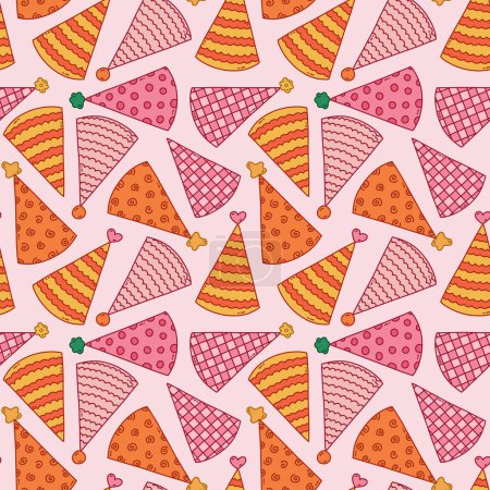 Illustration for Cute seamless pattern with birthday party hats in groovy style. Childish design with holiday caps for wrapping paper, prints, background, fabric, scrapbook. Bright holiday digital paper for kids. - Royalty Free Image