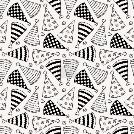 Illustration for Cute seamless pattern with birthday party hats in doodle outline style. Childish design with holiday caps for wrapping paper, prints, background, fabric, scrapbook. Holiday digital paper for kids. - Royalty Free Image